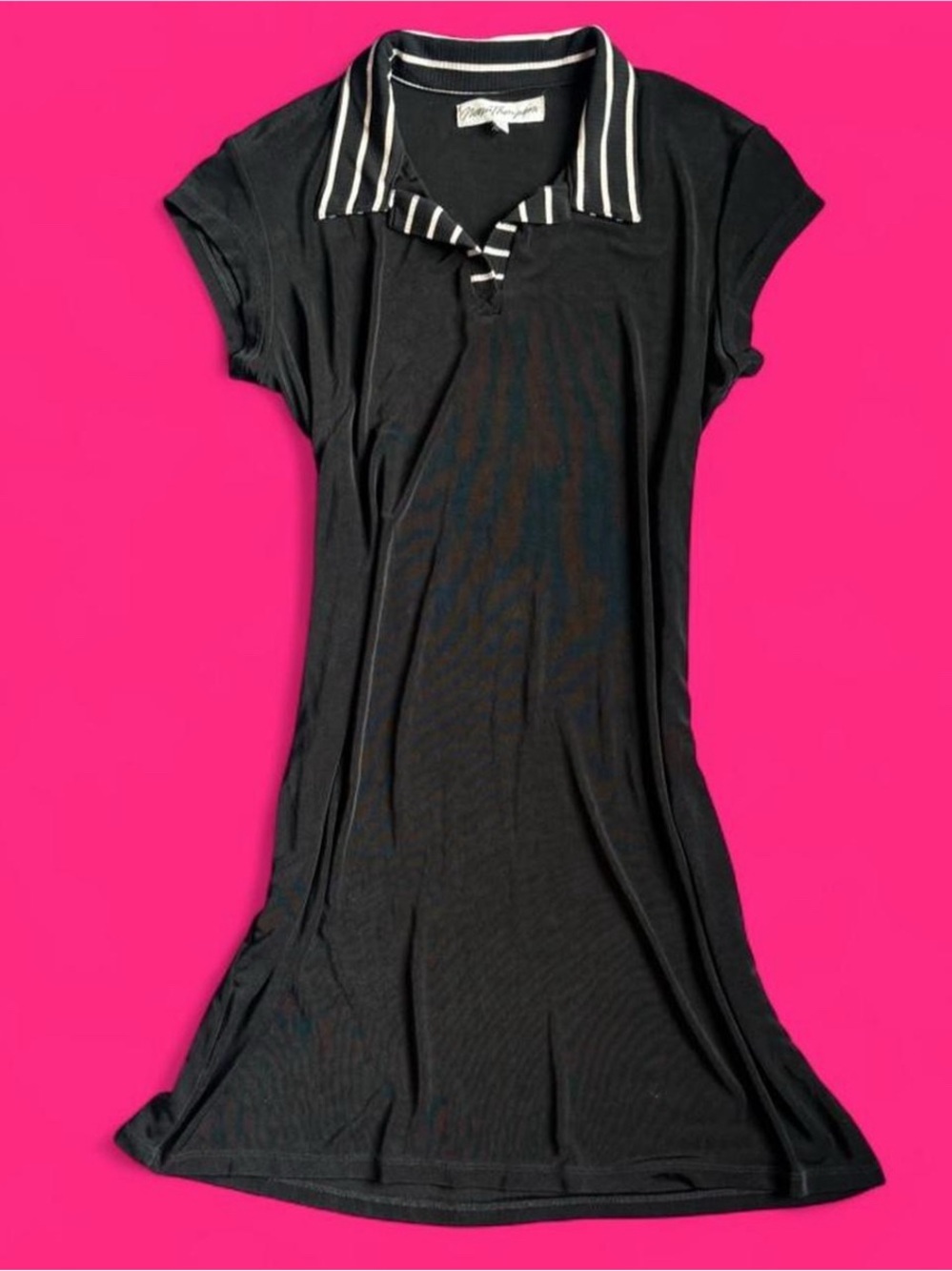 Norm Thompson Black Short-Sleeve Nightshirt with Striped Collar